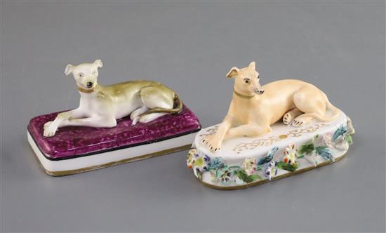 Two Minton porcelain figures of recumbent greyhounds, c.1831-40, L. 9.3cm and 10.2cm